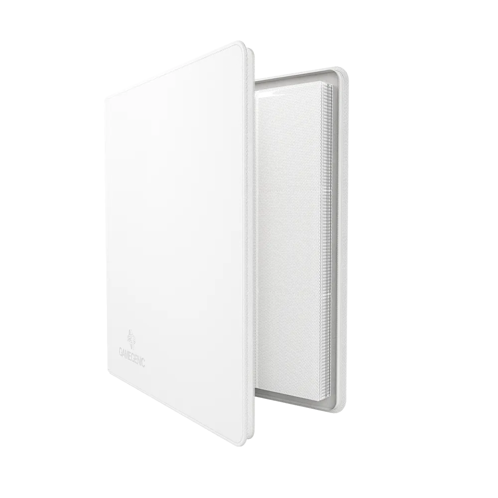 White Gamegenic Zip-Up 24-Pocket Album Binder for Trading Cards, standing upright and open