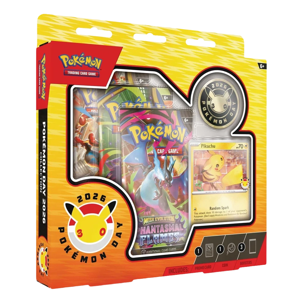 Pokémon Trading Card Game 2026 Pokémon Day limited edition box, featuring a yellow and orange gradient design with a window displaying a booster pack, a Pokémon card, and a collectible coin.