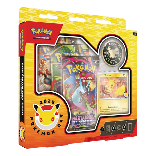 Pokémon Trading Card Game 2026 Pokémon Day limited edition box, featuring a yellow and orange gradient design with a window displaying a booster pack, a Pokémon card, and a collectible coin.