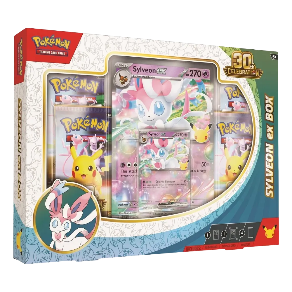 Pokémon TCG 30th Celebration Sylveon ex Collection Box with four booster packs, Sylveon ex promo card and oversized card