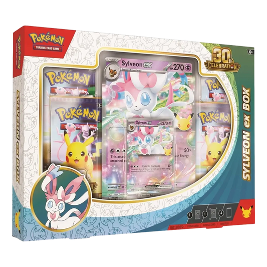 Pokémon TCG 30th Celebration Sylveon ex Collection Box with four booster packs, Sylveon ex promo card and oversized card