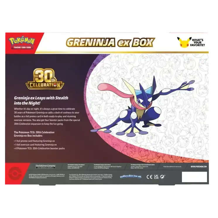 Back of Pokémon TCG 30th Celebration Greninja Collection showing box contents