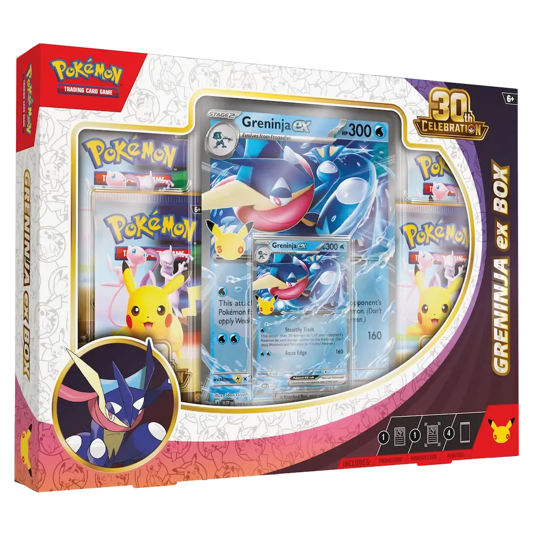 Pokémon TCG 30th Celebration Greninja Collection box with booster packs and Greninja ex promo cards