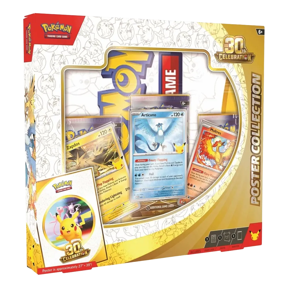 Pokémon TCG 30th Celebration Poster Collection with Articuno, Zapdos and Moltres promo cards, three booster packs and an anniversary poster