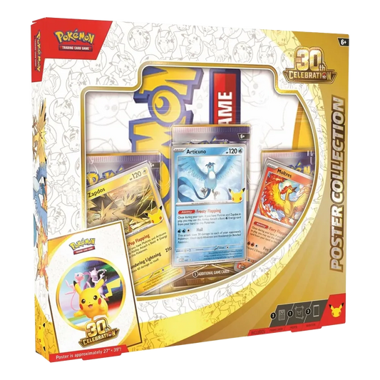 Pokémon TCG 30th Celebration Poster Collection with Articuno, Zapdos and Moltres promo cards, three booster packs and an anniversary poster