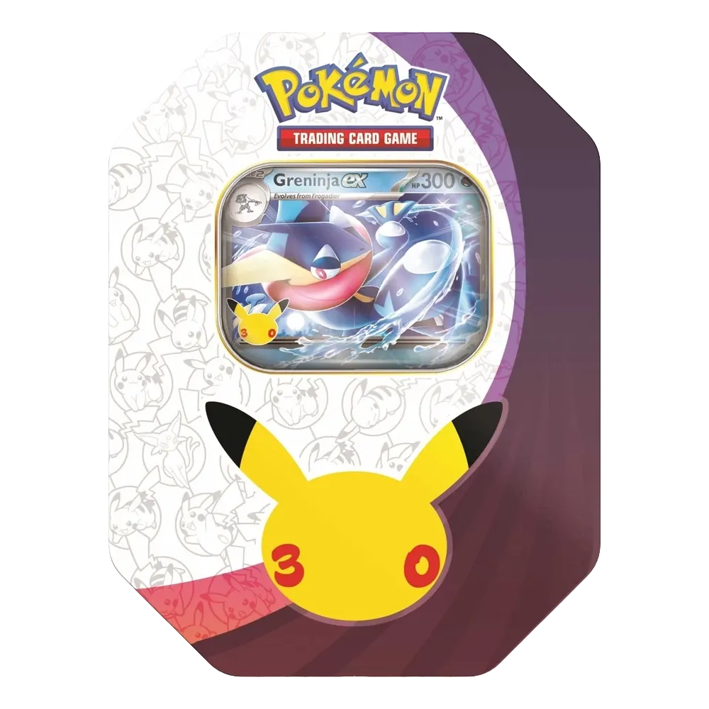 Pokémon TCG 30th Celebration Greninja Tin featuring a Greninja ex promo card and anniversary Pikachu design