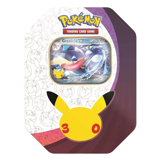 Pokémon TCG 30th Celebration Greninja Tin featuring a Greninja ex promo card and anniversary Pikachu design