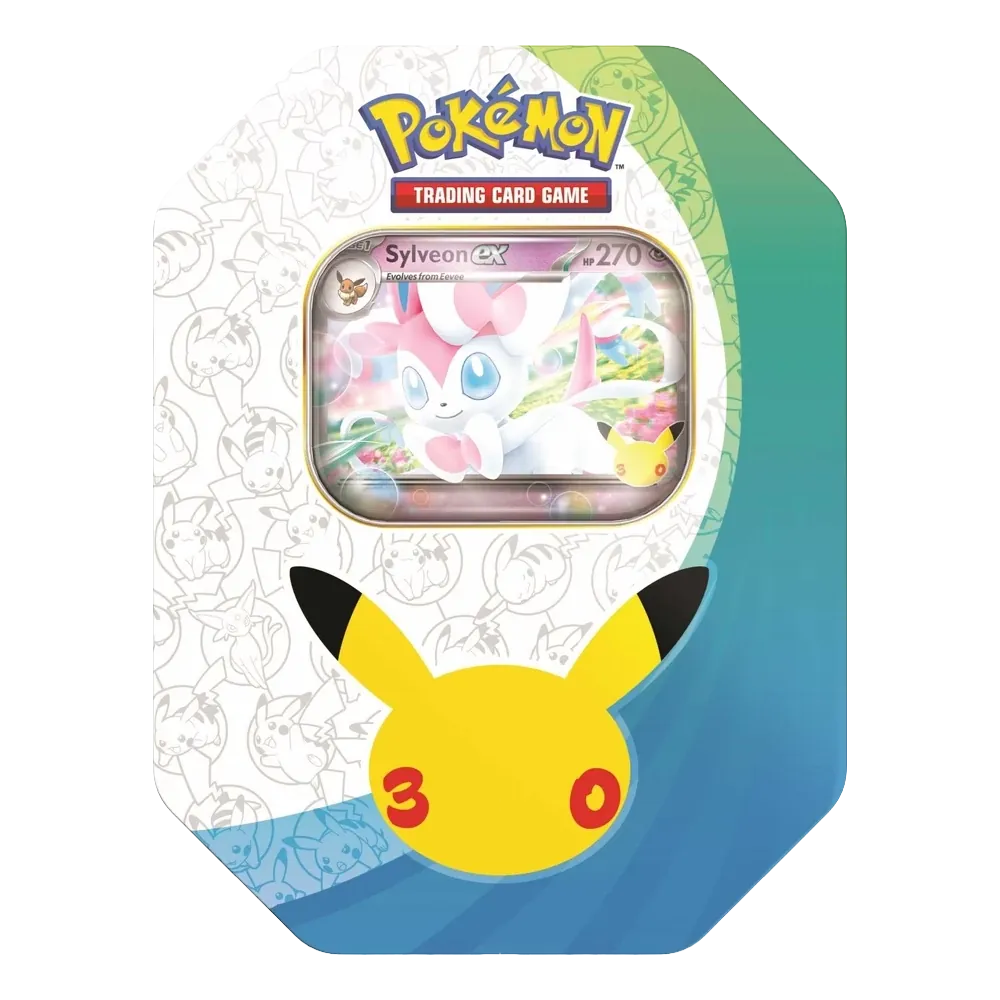 Pokémon TCG 30th Celebration Sylveon ex Tin with anniversary Pikachu artwork and Sylveon ex promo card