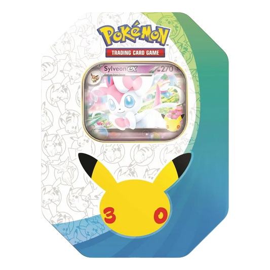 Pokémon TCG 30th Celebration Sylveon ex Tin with anniversary Pikachu artwork and Sylveon ex promo card