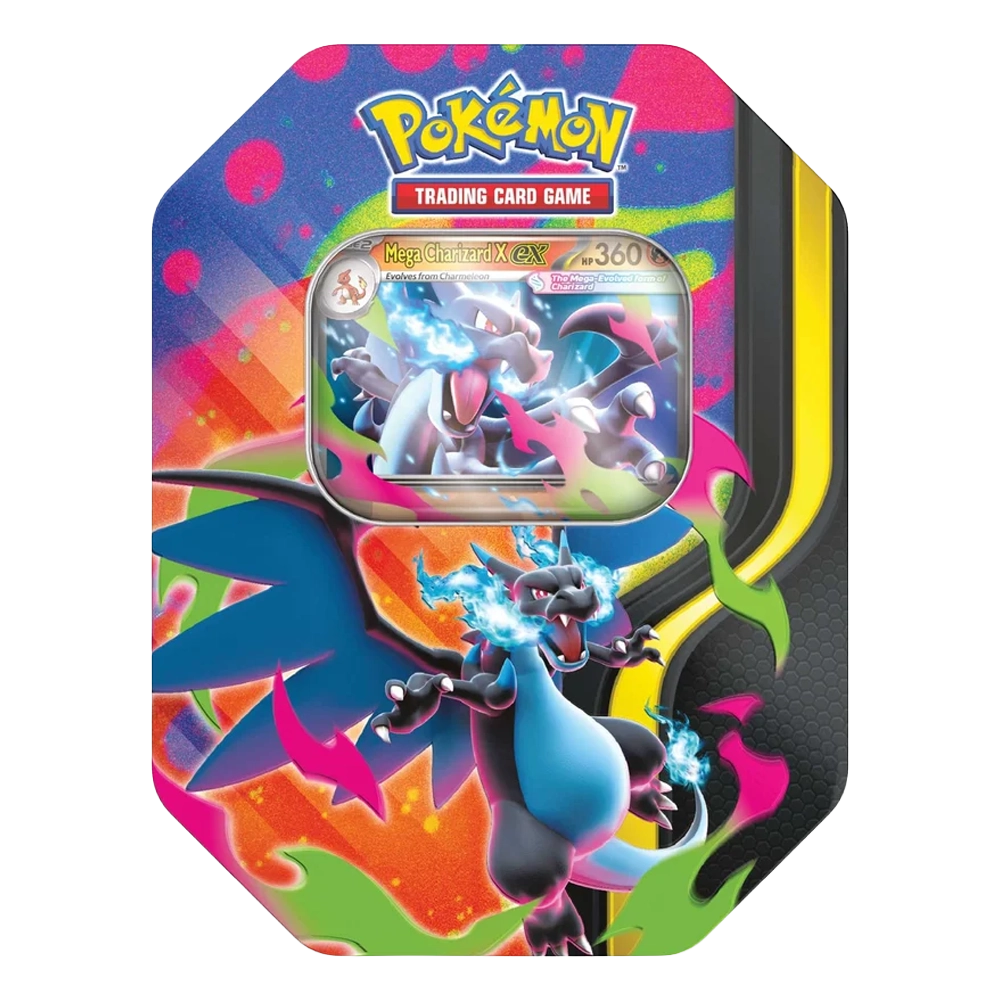 Pokémon TCG Mega Charizard X ex Tin featuring exclusive promo card and booster packs