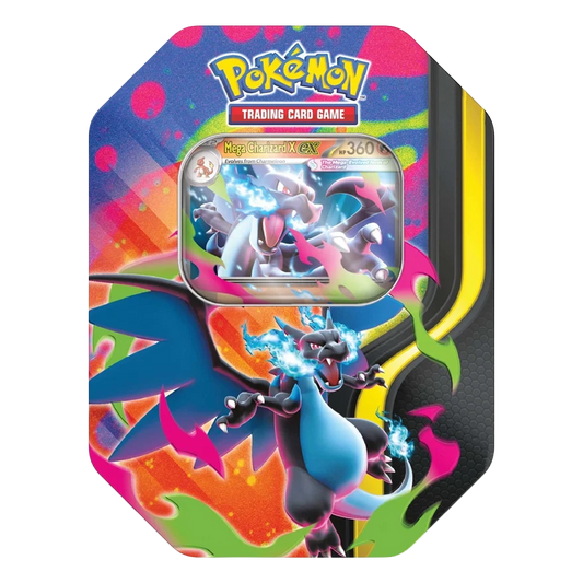 Pokémon TCG Mega Charizard X ex Tin featuring exclusive promo card and booster packs