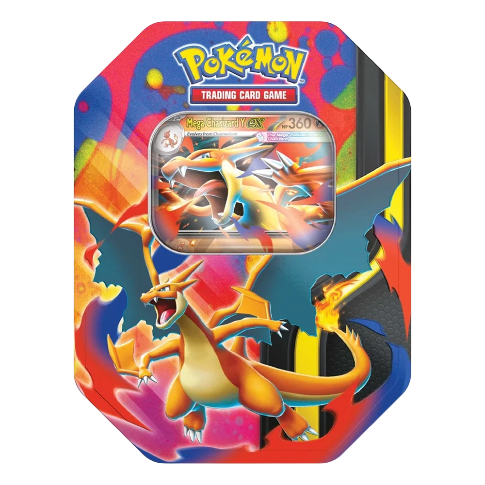Pokémon TCG Mega Charizard Y ex Tin featuring exclusive promo card and booster packs