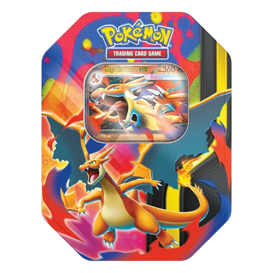 Pokémon TCG Mega Charizard Y ex Tin featuring exclusive promo card and booster packs