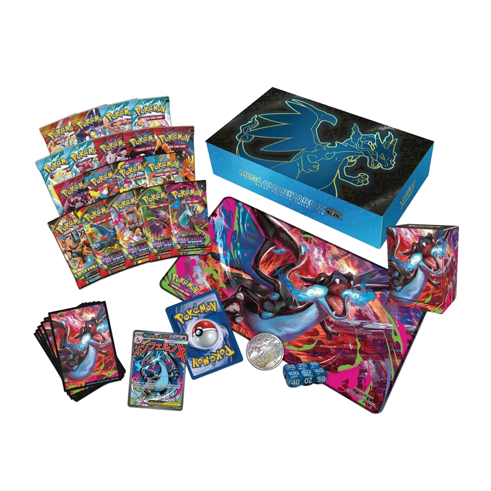 Full contents of a Mega Charizard X ex Ultra Premium Collection box