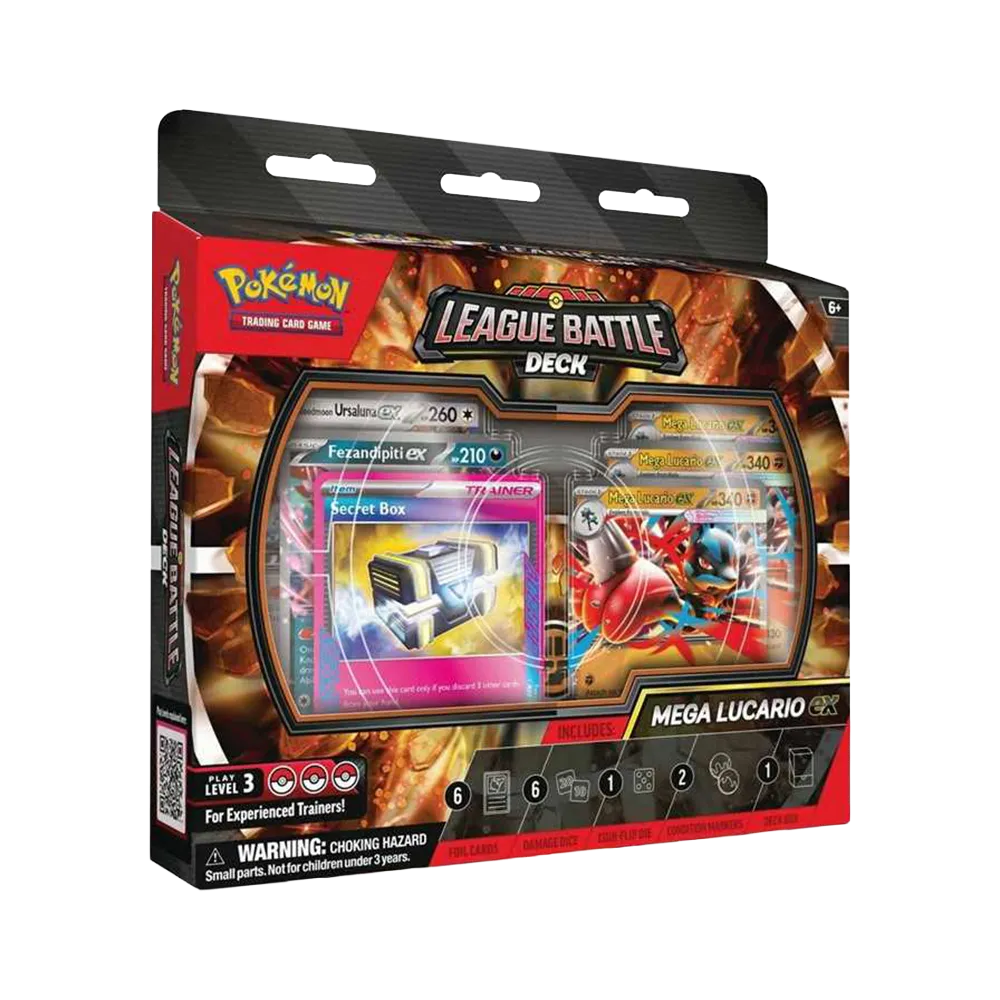 Pokémon Trading Card Game League Battle Deck packaging with cards and branding featuring Mega Lucario ex