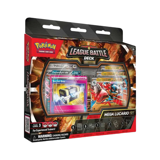 Pokémon Trading Card Game League Battle Deck packaging with cards and branding featuring Mega Lucario ex