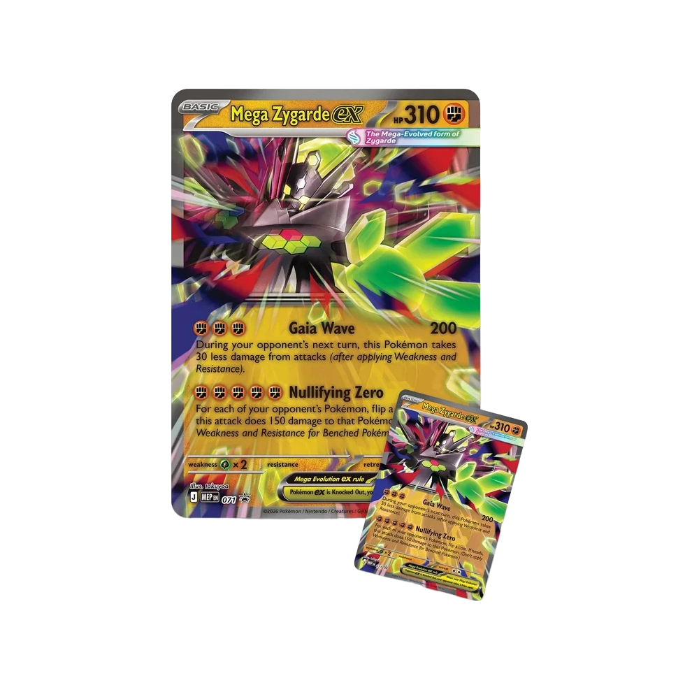 A jumbo Pokémon trading card featuring Mega Zygarde, shown upright with a regular angled view of the same card overlapping at the bottom right on a plain white background.