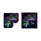 Two square Pokémon-themed printed stickers shown on a white background, one flat and one shown at an angle with a curled corner revealing a backing. The artwork features a dark purple and black patterned background with a green and black Mega Zygarde and glowing blue accents.