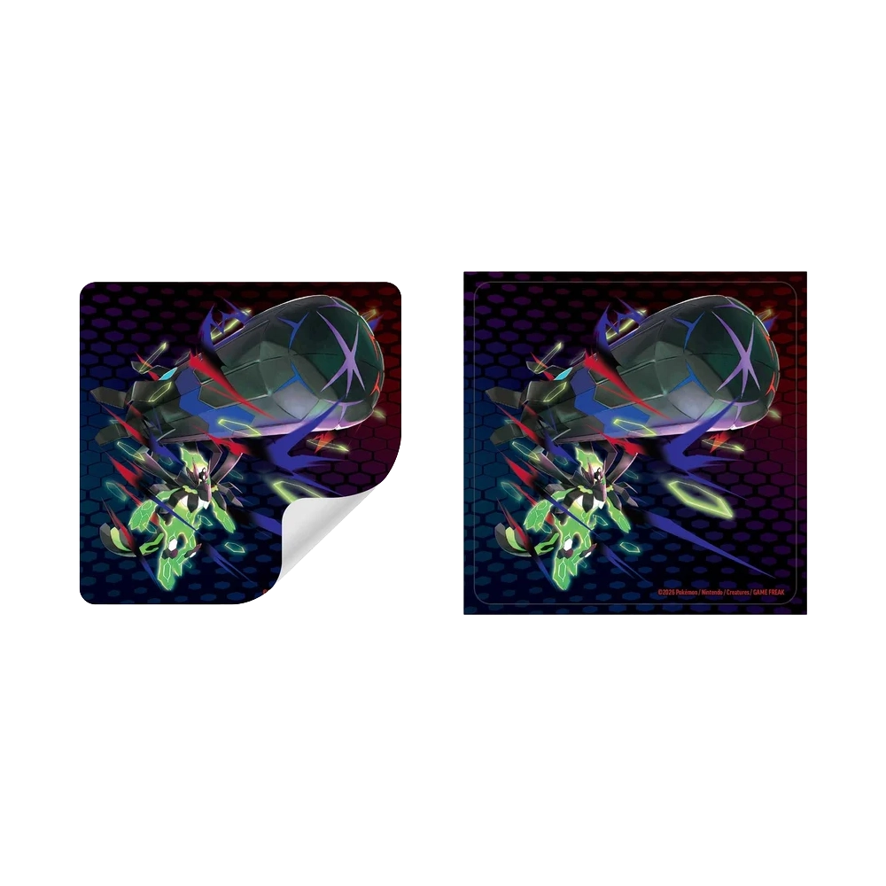 Two square Pokémon-themed printed stickers shown on a white background, one flat and one shown at an angle with a curled corner revealing a backing. The artwork features a dark purple and black patterned background with a green and black Mega Zygarde and glowing blue accents.