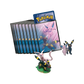 A set of Pokémon trading card sleeves featuring Espeon & Umbreon, shown alongside a figure & pin badge, also featuring Umbreon & Espeon, on a plain white background.