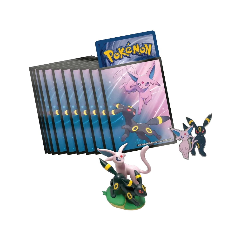 A set of Pokémon trading card sleeves featuring Espeon & Umbreon, shown alongside a figure & pin badge, also featuring Umbreon & Espeon, on a plain white background.