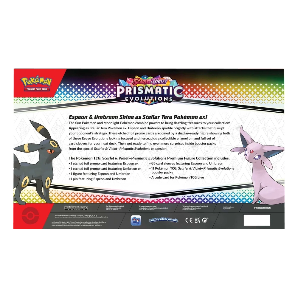 Back of the outer packaing of the Pokemon TCG: Prismatic Evolutions Premium Figure Collection box. 