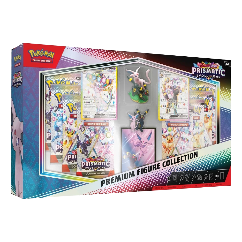 Pokémon Trading Card Game box set for Prismatic Evolutions, featuring a premium figure collection display with multiple illustrated cards, a figure, and decorative panels on the front of the retail packaging.