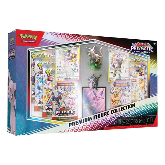 Pokémon Trading Card Game box set for Prismatic Evolutions, featuring a premium figure collection display with multiple illustrated cards, a figure, and decorative panels on the front of the retail packaging.