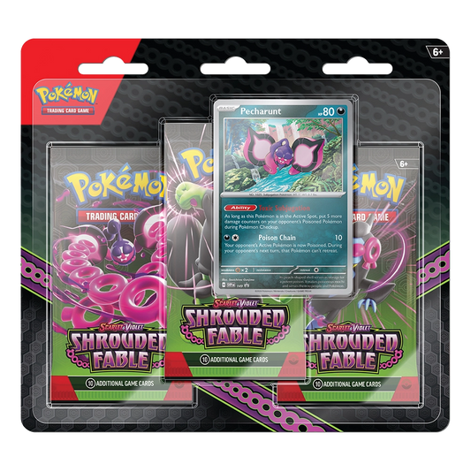 Pokémon Trading Card Game Shrouded Fable booster pack bundle in blister packaging, featuring multiple pink and green Shrouded Fable booster packs with a central Pecharunt card displayed.