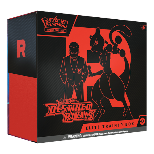 Pokémon Trading Card Game 'Destined Rivals Elite Trainer Box' packaging, featuring a black and red design with silhouette illustrations of Mew and a trainer with an 'R' badge.