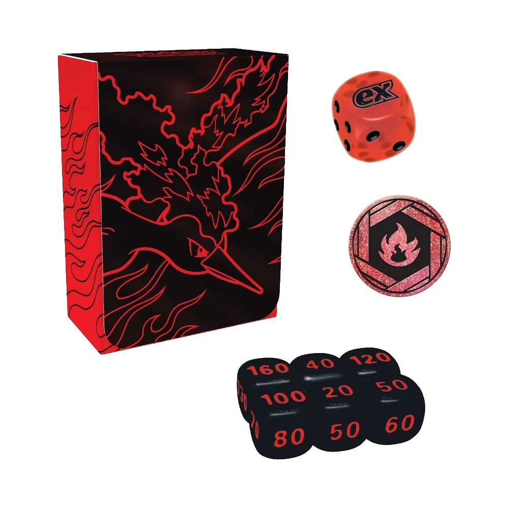 A boxed set of red and black polyhedral dice displayed on a plain white background, including a black box with red line art, a red die showing an 'ex' symbol, a red coin-style die, and several black 10-sided dice with red numbering.