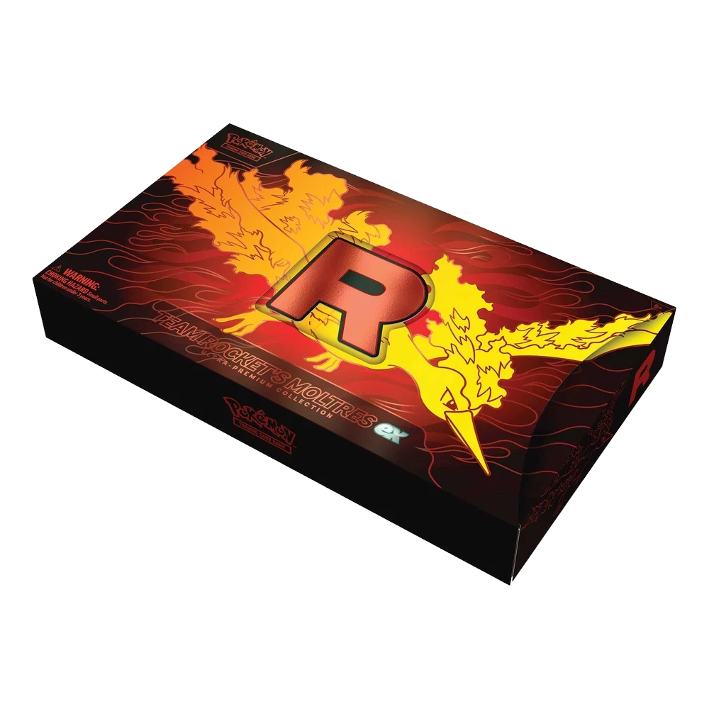 Angled shot of the Pokémon TCG Team Rocket's Moltres ex Ultra-Premium Collection 