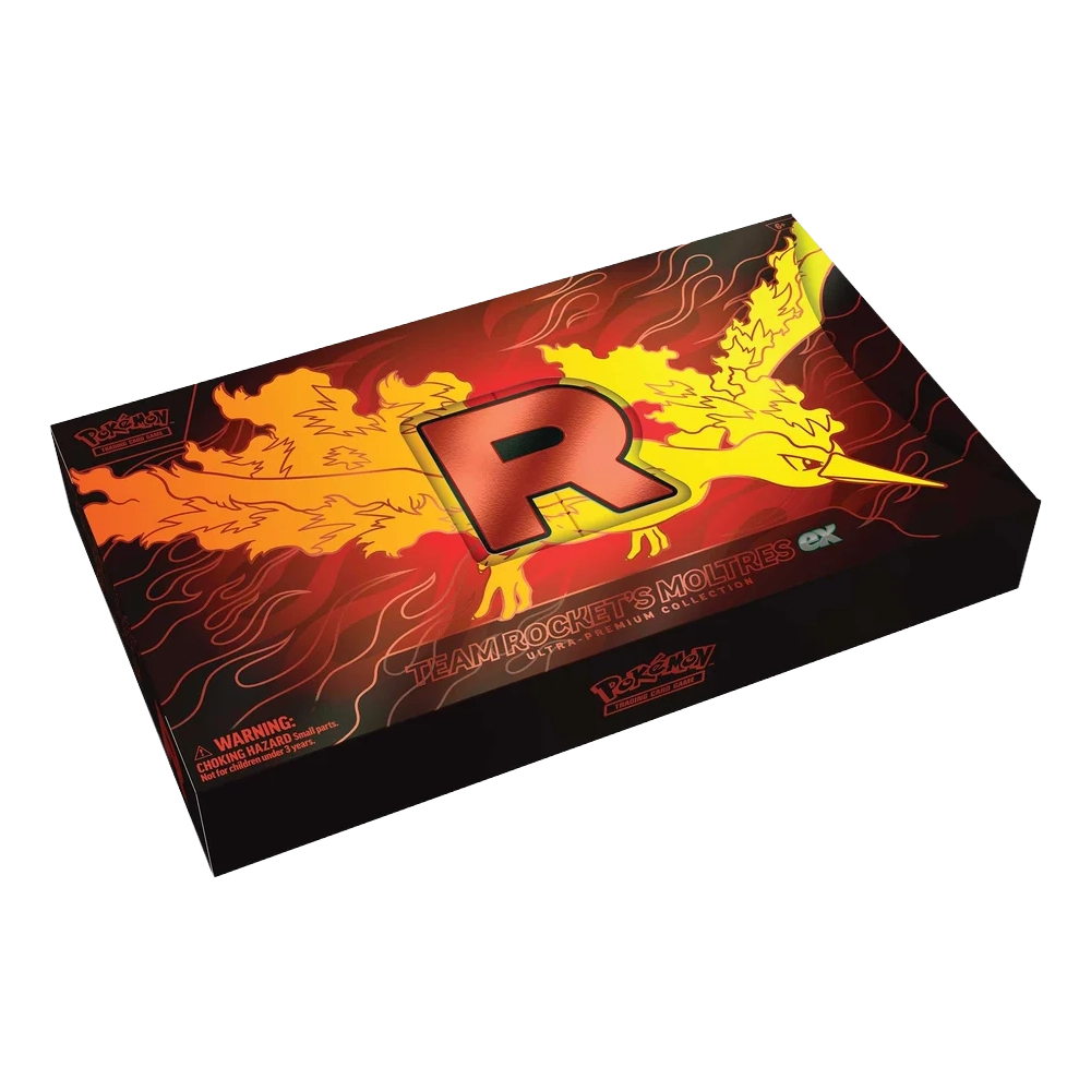 A boxed collectible product titled 'Team Rocket's Moltres' with a large stylized red-orange 'R' logo and fiery yellow/orange graphic artwork on a black box, photographed on a plain white background.