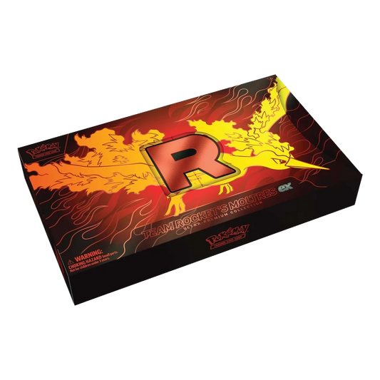 A boxed collectible product titled 'Team Rocket's Moltres' with a large stylized red-orange 'R' logo and fiery yellow/orange graphic artwork on a black box, photographed on a plain white background.