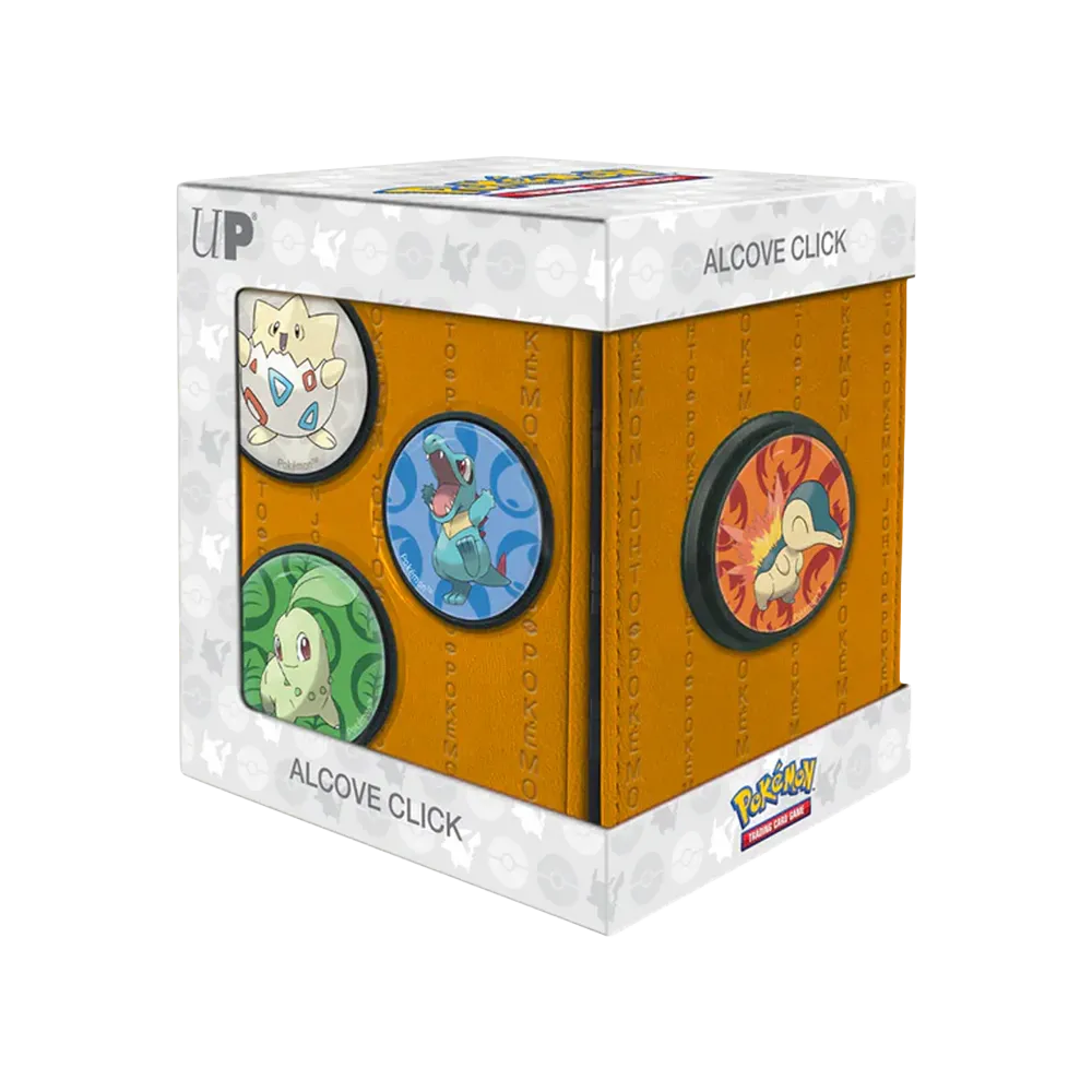 Retail packaging for a card game deck box featuring Cyndaquil, Chikorita, Totodile & Togepi identifiers
