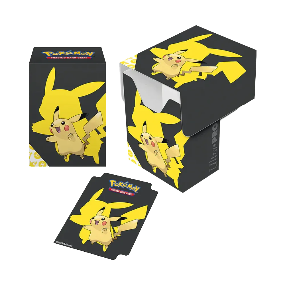Pokémon Pikachu-themed card game box with cards on a white background