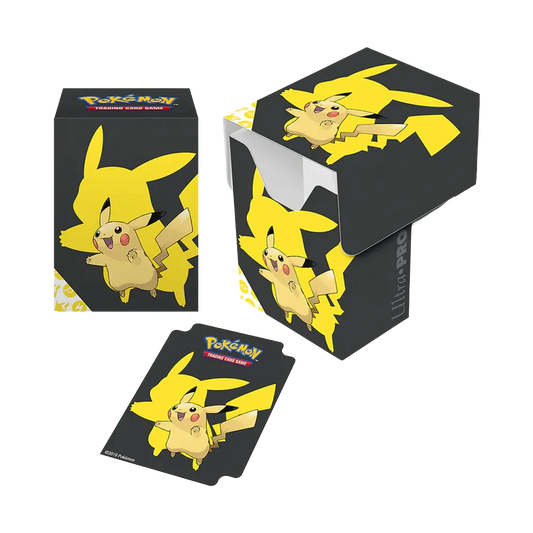 Pokémon Pikachu-themed card game box with cards on a white background
