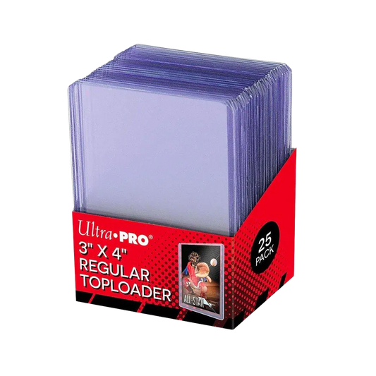 Box of Ultra Pro 3x4 regular toploaders with a clear top loader on a white background